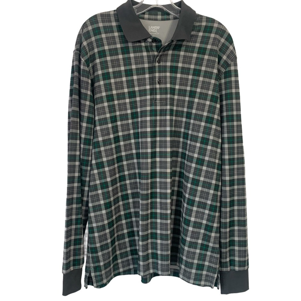 Lands End Polo Shirt Mens‎ XL Plaid Long Sleeve Traditional Fit